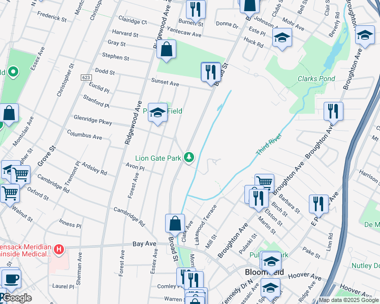 map of restaurants, bars, coffee shops, grocery stores, and more near 755 Broad Street in Bloomfield