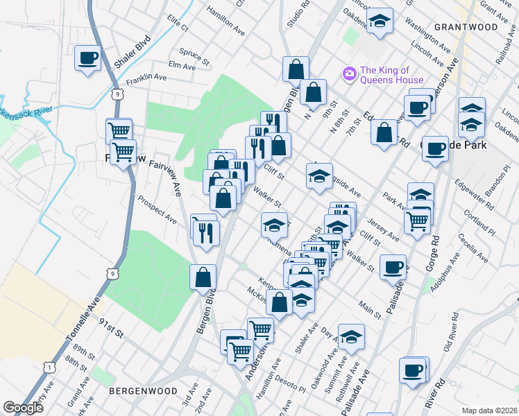map of restaurants, bars, coffee shops, grocery stores, and more near 217 8th Street in Fairview