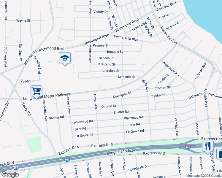 map of restaurants, bars, coffee shops, grocery stores, and more near 2428 Motor Parkway in Ronkonkoma