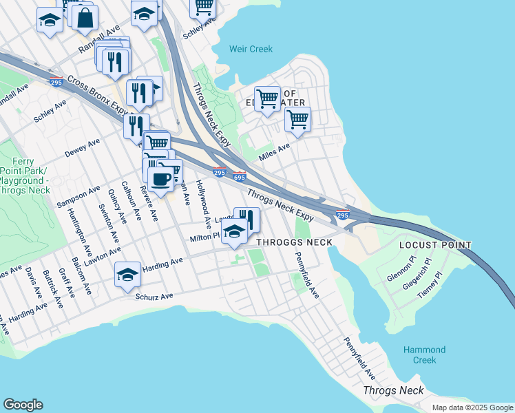 map of restaurants, bars, coffee shops, grocery stores, and more near 217 Kearney Avenue in Bronx