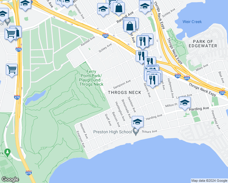 map of restaurants, bars, coffee shops, grocery stores, and more near 326 Huntington Avenue in Bronx