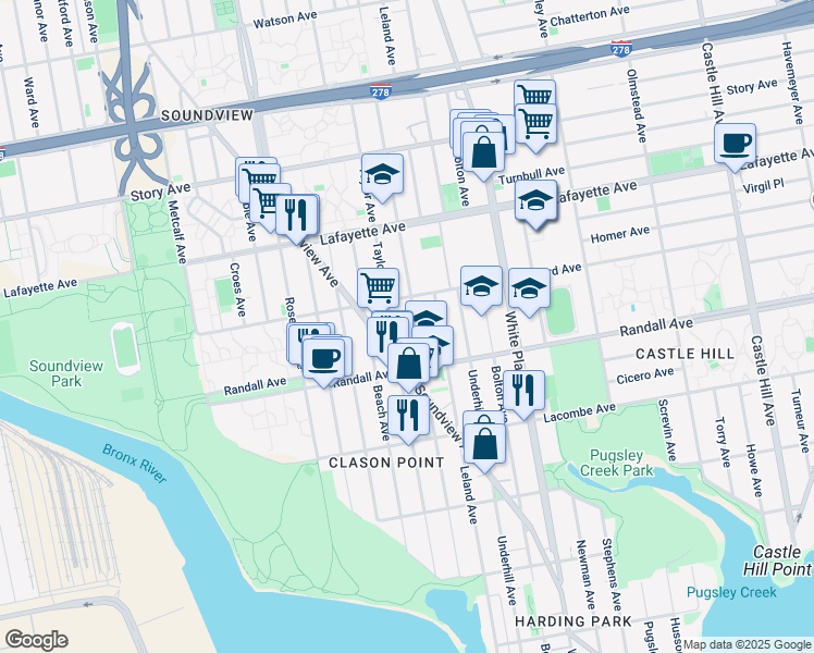 map of restaurants, bars, coffee shops, grocery stores, and more near 595a Taylor Avenue in The Bronx