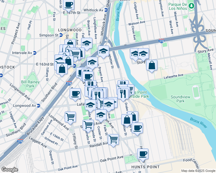 map of restaurants, bars, coffee shops, grocery stores, and more near 820 Longfellow Avenue in Bronx