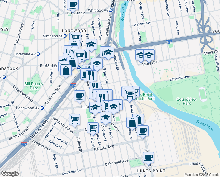 map of restaurants, bars, coffee shops, grocery stores, and more near 836 Faile Street in Bronx