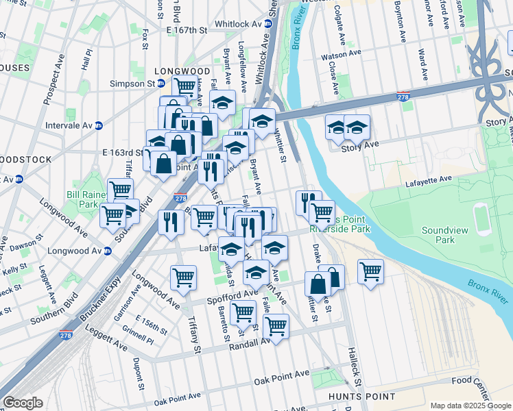 map of restaurants, bars, coffee shops, grocery stores, and more near 836 Faile Street in Bronx