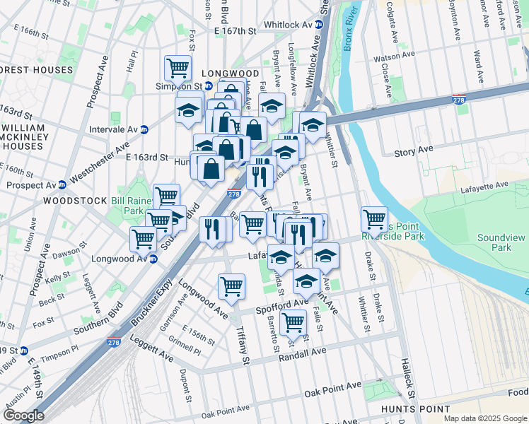 map of restaurants, bars, coffee shops, grocery stores, and more near 857 Manida Street in Bronx