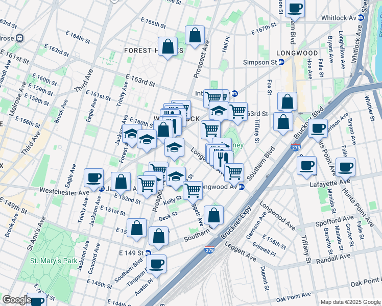 map of restaurants, bars, coffee shops, grocery stores, and more near 776 Hewitt Place in Bronx