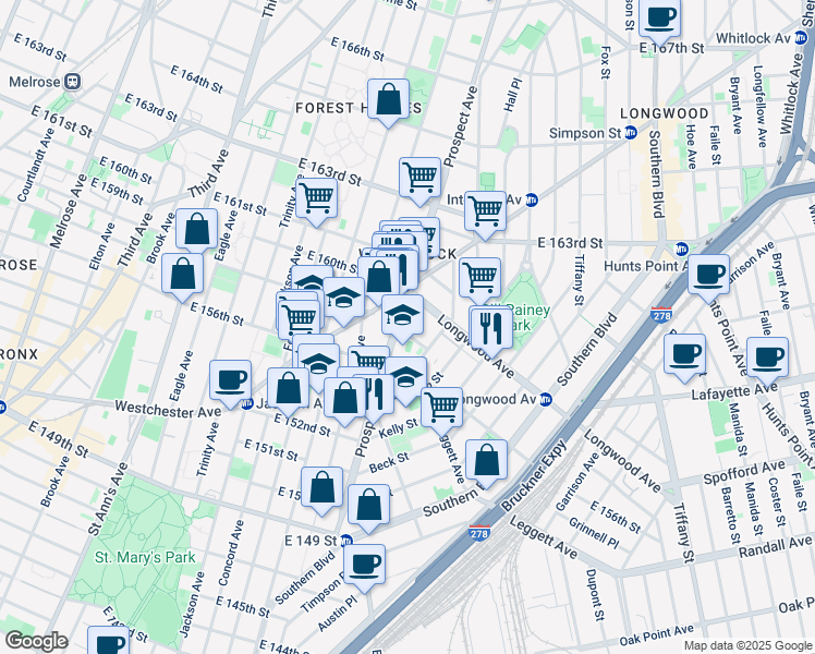 map of restaurants, bars, coffee shops, grocery stores, and more near 750 Prospect Avenue in Bronx