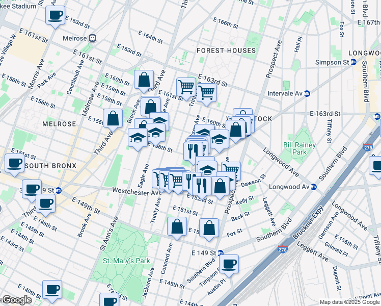 map of restaurants, bars, coffee shops, grocery stores, and more near in The Bronx