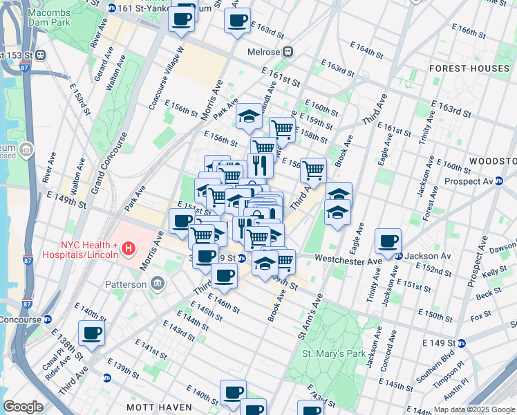 map of restaurants, bars, coffee shops, grocery stores, and more near 627 Melrose Avenue in Bronx