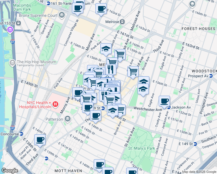 map of restaurants, bars, coffee shops, grocery stores, and more near 627 Melrose Avenue in Bronx