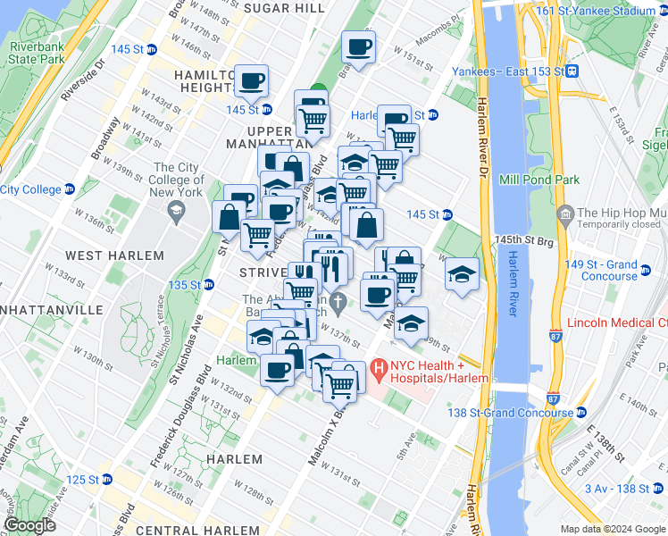 map of restaurants, bars, coffee shops, grocery stores, and more near 152 West 140th Street in New York