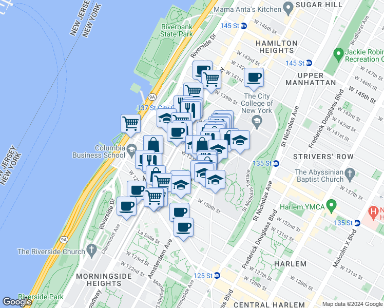map of restaurants, bars, coffee shops, grocery stores, and more near 529 West 133rd Street in New York