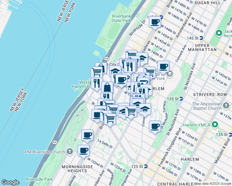 map of restaurants, bars, coffee shops, grocery stores, and more near 3270 Broadway in New York