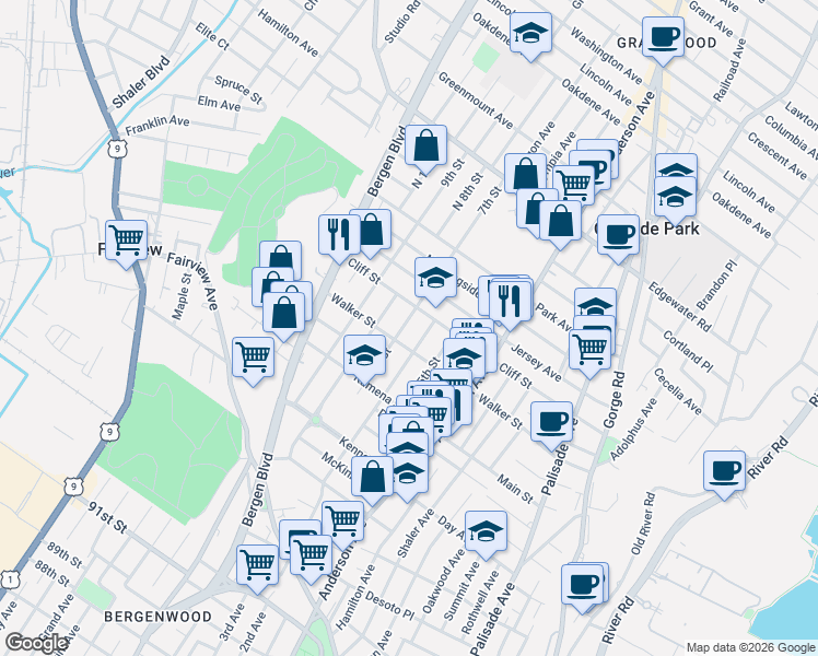 map of restaurants, bars, coffee shops, grocery stores, and more near 310A 6th Street in Fairview