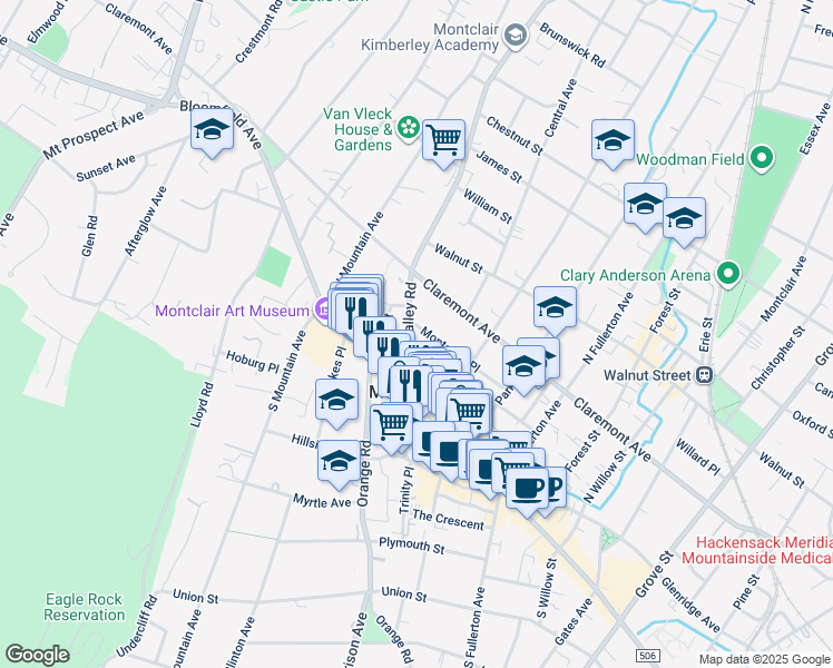map of restaurants, bars, coffee shops, grocery stores, and more near 64 Valley Road in Montclair