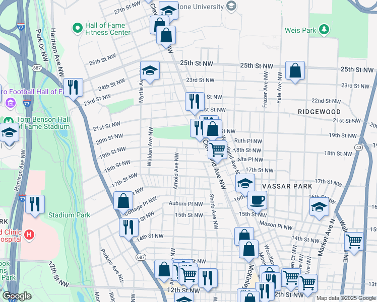 map of restaurants, bars, coffee shops, grocery stores, and more near 1113 18th Street Northwest in Canton