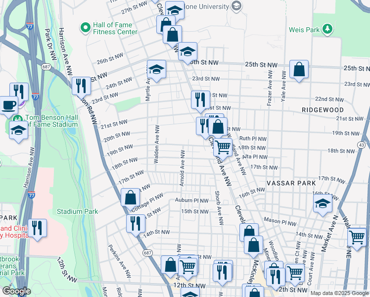 map of restaurants, bars, coffee shops, grocery stores, and more near 1207 18th Street Northwest in Canton