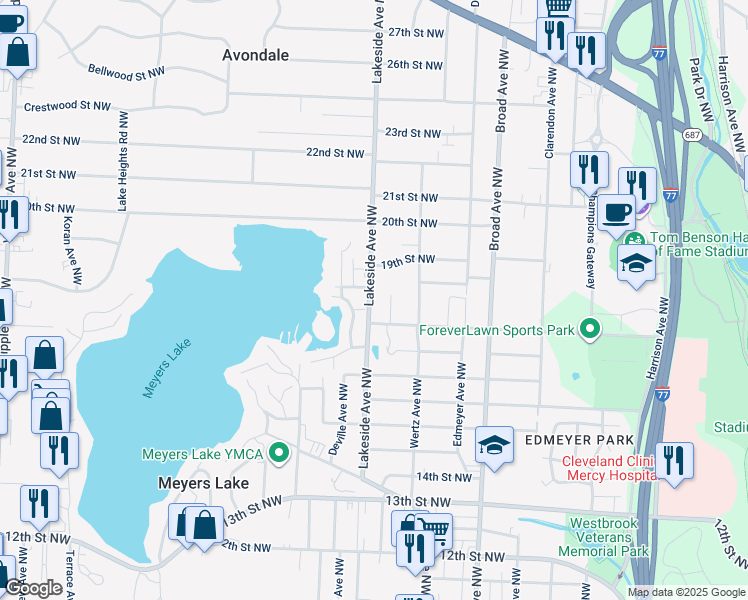 map of restaurants, bars, coffee shops, grocery stores, and more near 1710 North Pointe Drive Northwest in Canton