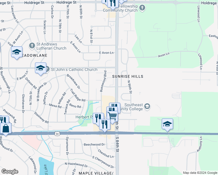 map of restaurants, bars, coffee shops, grocery stores, and more near 8301 Sunridge Road in Lincoln