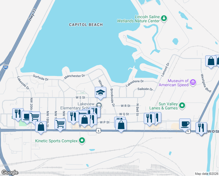 map of restaurants, bars, coffee shops, grocery stores, and more near 521 Brookside Drive in Lincoln