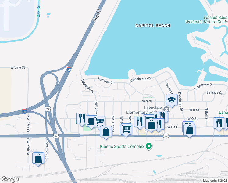 map of restaurants, bars, coffee shops, grocery stores, and more near 1818 West S Street in Lincoln