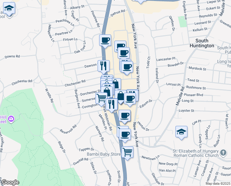 map of restaurants, bars, coffee shops, grocery stores, and more near 330 Walt Whitman Road in Huntington Station
