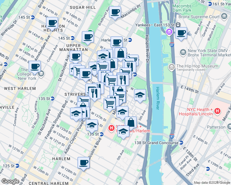 map of restaurants, bars, coffee shops, grocery stores, and more near 143 West 140th Street in New York