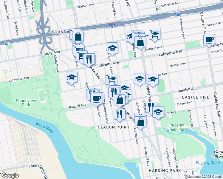 map of restaurants, bars, coffee shops, grocery stores, and more near 631 Soundview Avenue in Bronx