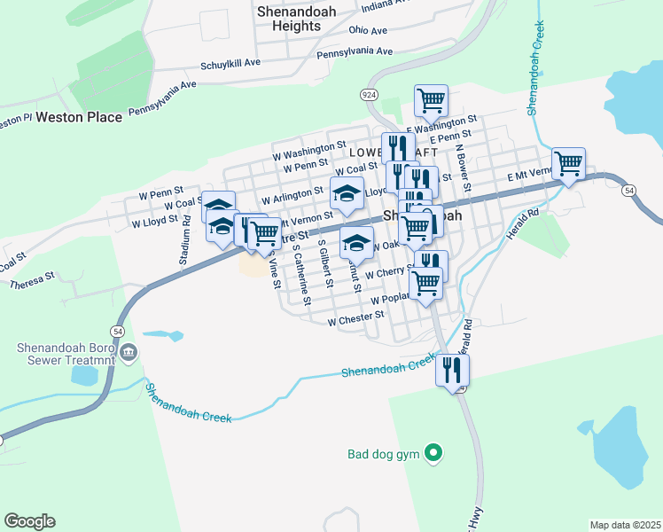 map of restaurants, bars, coffee shops, grocery stores, and more near 115 South Gilbert Street in Shenandoah