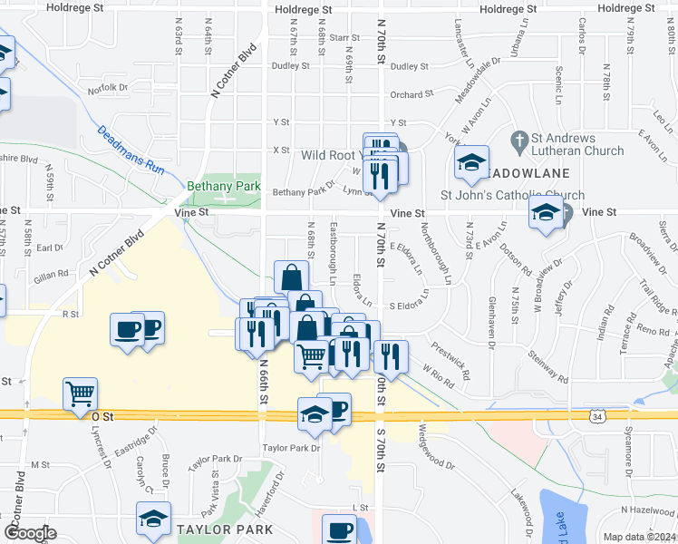 map of restaurants, bars, coffee shops, grocery stores, and more near 612 Eastborough Lane in Lincoln