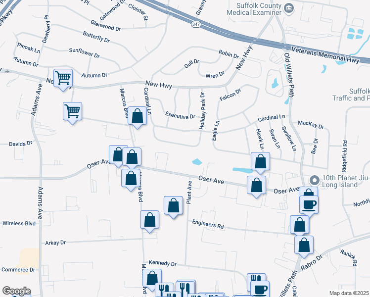 map of restaurants, bars, coffee shops, grocery stores, and more near 32 Holiday Park Drive in Hauppauge