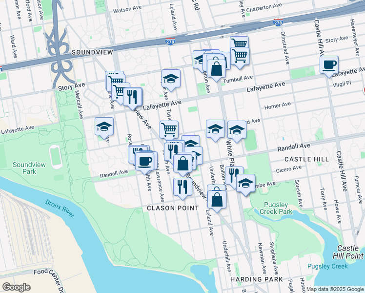 map of restaurants, bars, coffee shops, grocery stores, and more near 595a Taylor Avenue in The Bronx