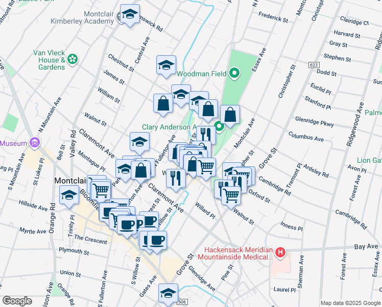 map of restaurants, bars, coffee shops, grocery stores, and more near 19 Label Street in Montclair