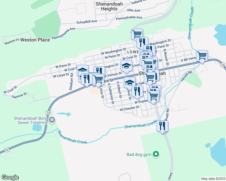 map of restaurants, bars, coffee shops, grocery stores, and more near 428 West Oak Street in Shenandoah