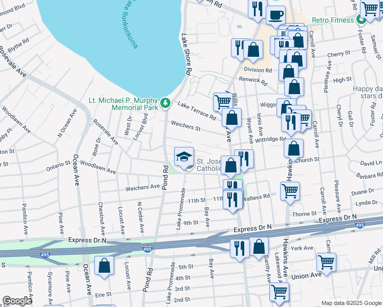 map of restaurants, bars, coffee shops, grocery stores, and more near 14 Norwood Lane in Lake Ronkonkoma