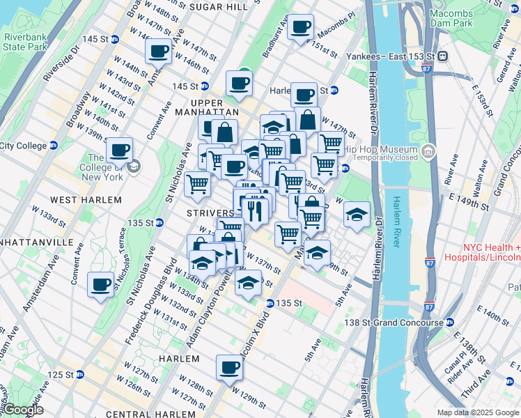 map of restaurants, bars, coffee shops, grocery stores, and more near Adam Clayton Powell Jr Blvd & W 140th St in New York