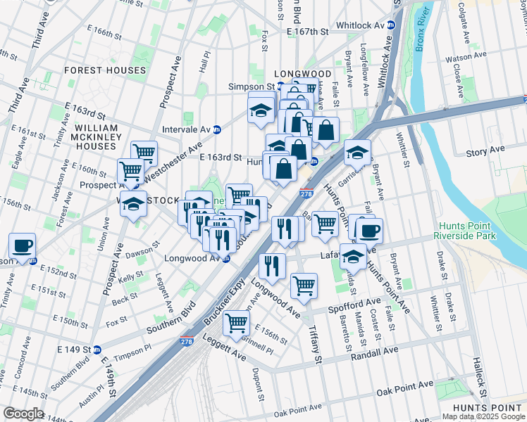 map of restaurants, bars, coffee shops, grocery stores, and more near 877 Southern Boulevard in Bronx