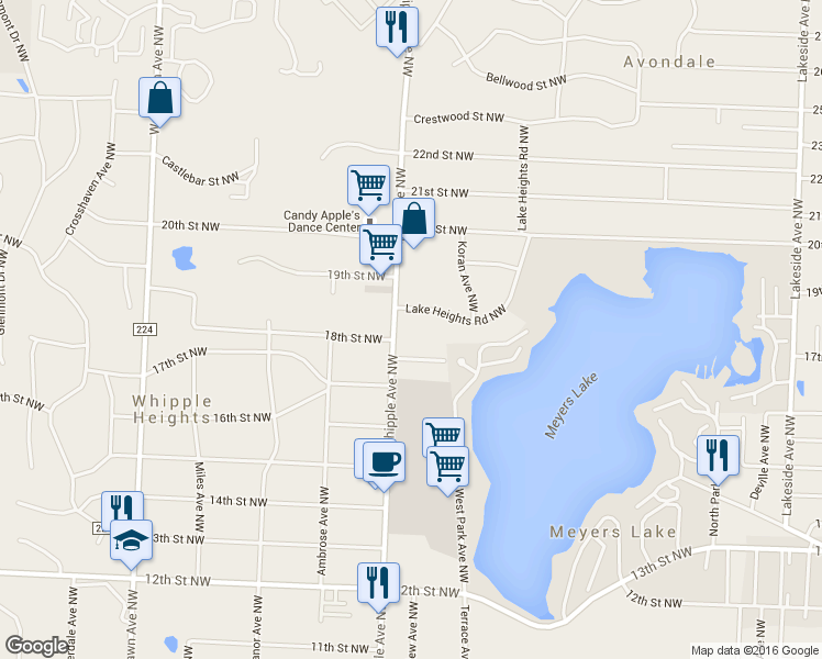 map of restaurants, bars, coffee shops, grocery stores, and more near 4305 17th Street Northwest in Canton