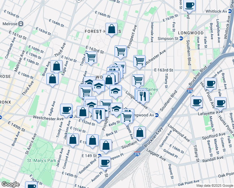 map of restaurants, bars, coffee shops, grocery stores, and more near 853 Macy Place in Bronx
