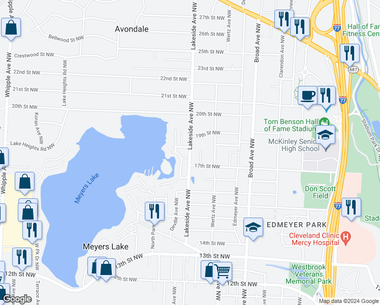 map of restaurants, bars, coffee shops, grocery stores, and more near 1732 Lakeside Avenue Northwest in Canton