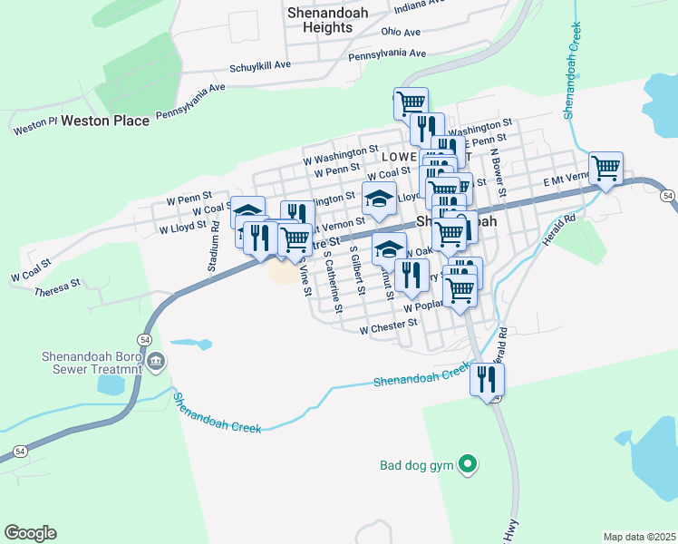 map of restaurants, bars, coffee shops, grocery stores, and more near 428 West Oak Street in Shenandoah