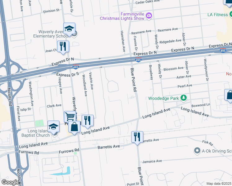 map of restaurants, bars, coffee shops, grocery stores, and more near 68 Timber Ridge Drive in Holtsville