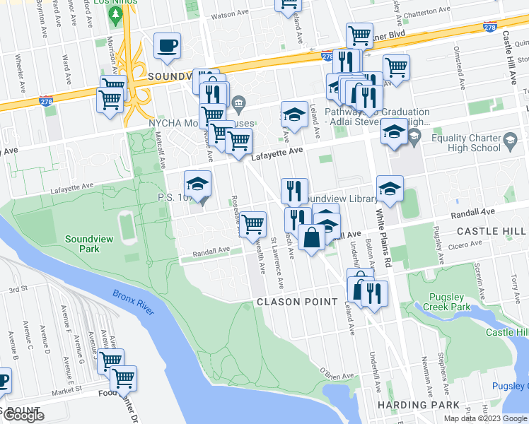 map of restaurants, bars, coffee shops, grocery stores, and more near 635 Saint Lawrence Avenue in Bronx