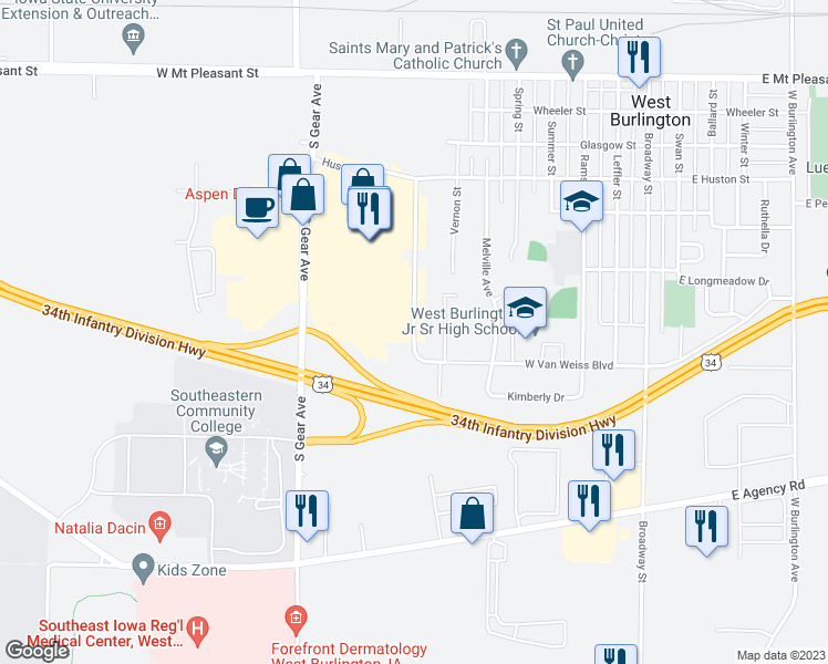 map of restaurants, bars, coffee shops, grocery stores, and more near 813 West Van Weiss Boulevard in West Burlington