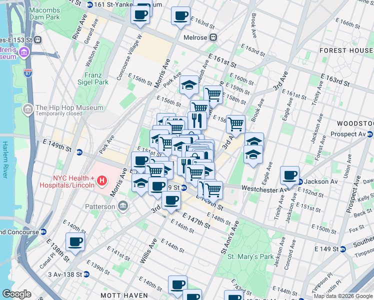 map of restaurants, bars, coffee shops, grocery stores, and more near 381 East 152nd Street in The Bronx