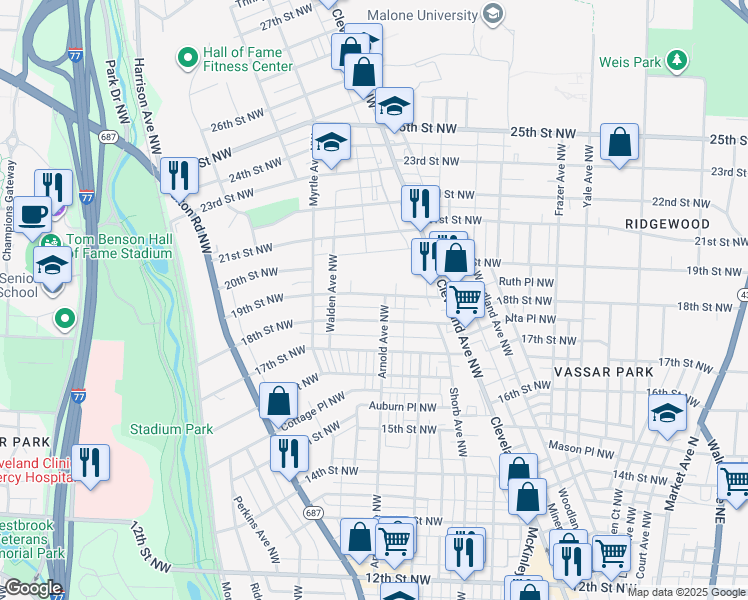 map of restaurants, bars, coffee shops, grocery stores, and more near 1207 18th Street Northwest in Canton