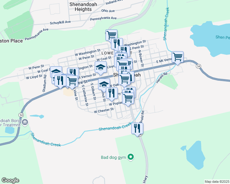 map of restaurants, bars, coffee shops, grocery stores, and more near 128-130 South Jardin Street in Shenandoah