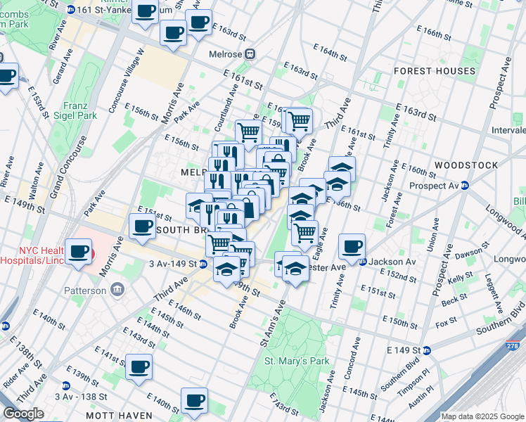 map of restaurants, bars, coffee shops, grocery stores, and more near 480 East 153rd Street in The Bronx