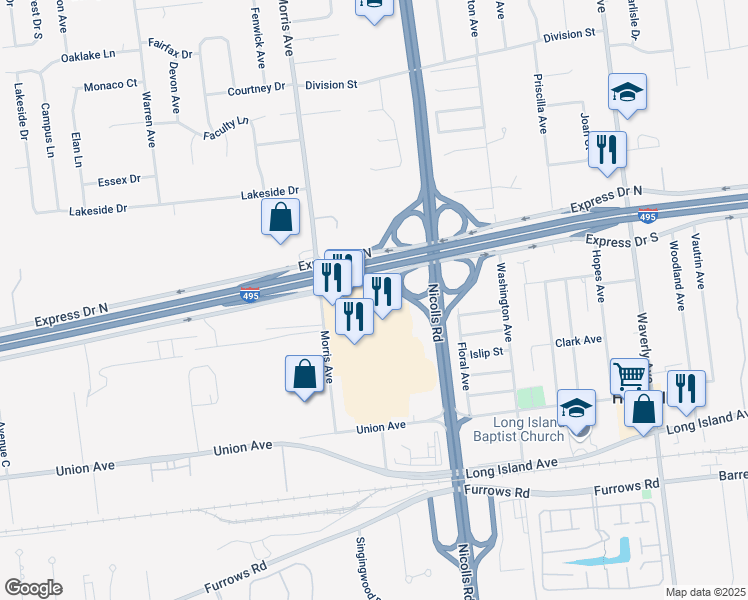 map of restaurants, bars, coffee shops, grocery stores, and more near 50 Middle Avenue in Holtsville
